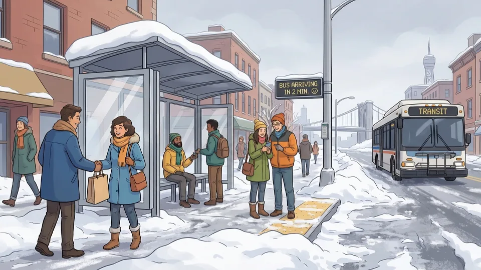 Snow-covered bus stop with accumulated snow on boarding area, showing winter maintenance challenges at public transit stop