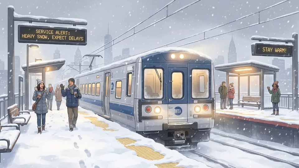 MTA commuter train at snow-covered station platform during winter storm, showing weather impact on regional rail service