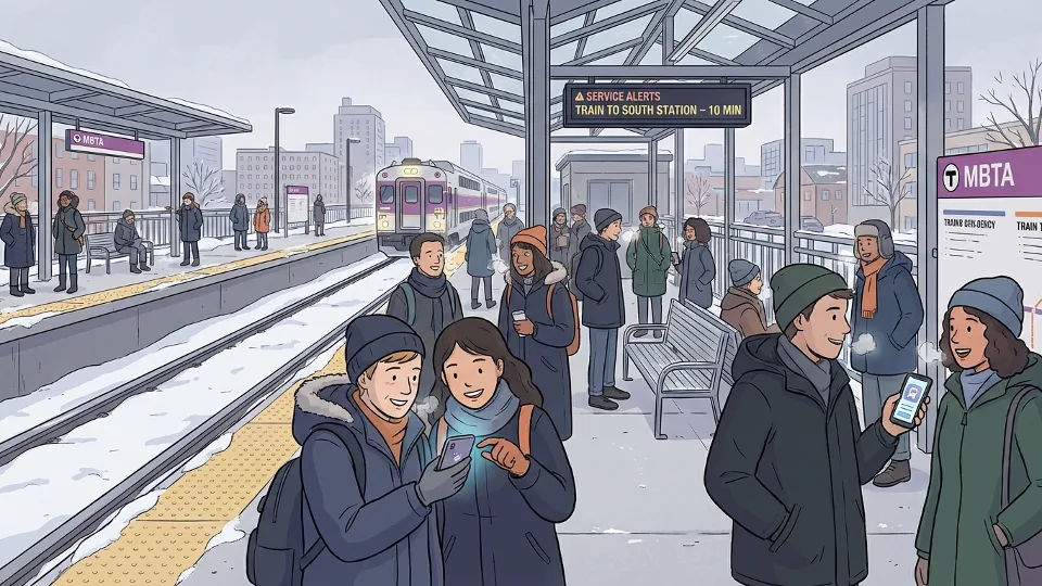 MBTA commuter rail passengers waiting at station platform checking mobile phones for service updates during winter weather