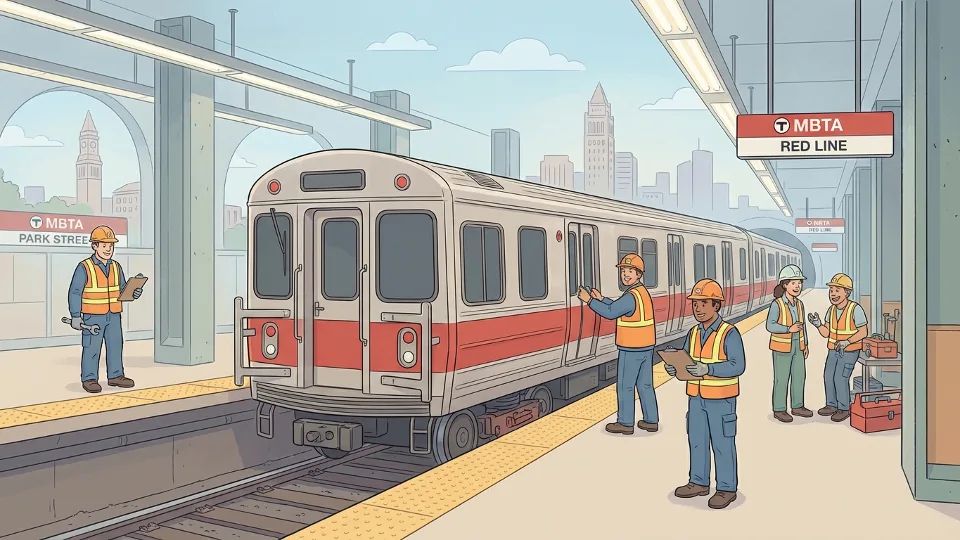 MBTA maintenance crew working on Red Line train at station