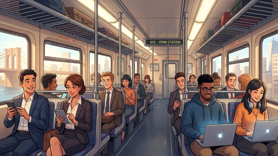 Interior of commuter train car showing passengers seated with personal devices