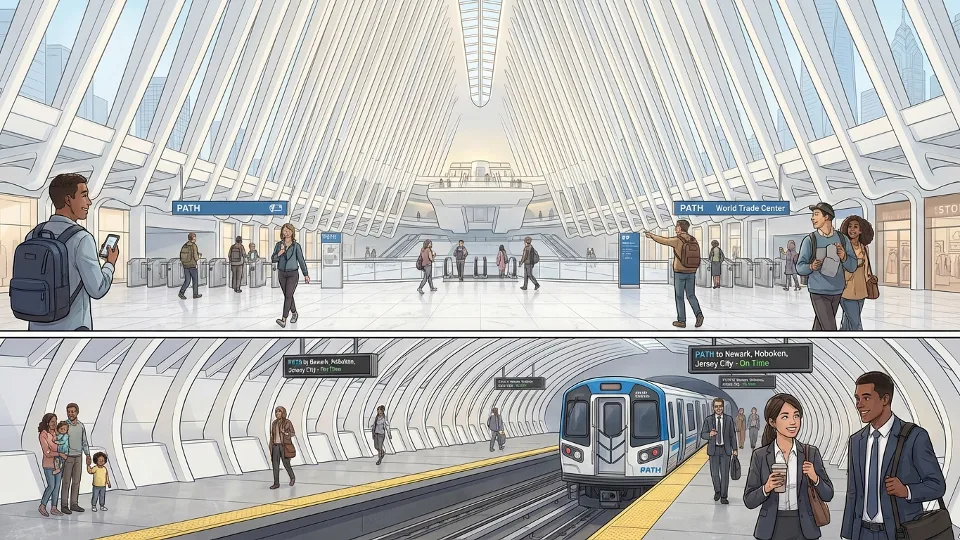 PATH train platform and entrance area at World Trade Center Oculus station