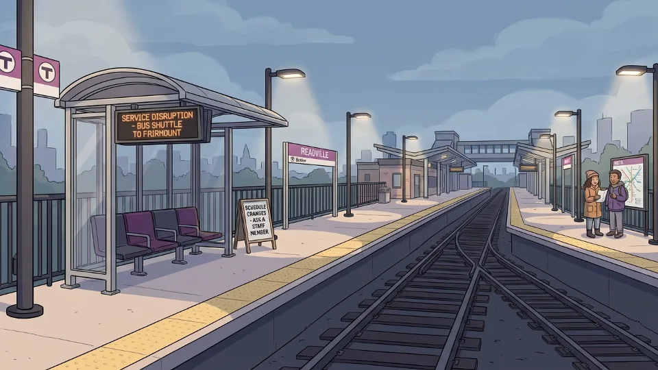 Empty commuter rail platform at Readville station during nighttime with service disruption signage
