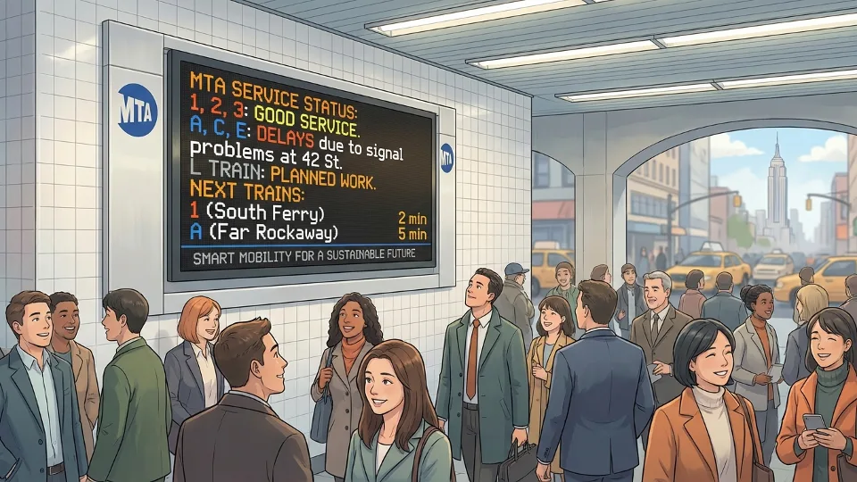 NYC transit information board displaying service alerts at busy station