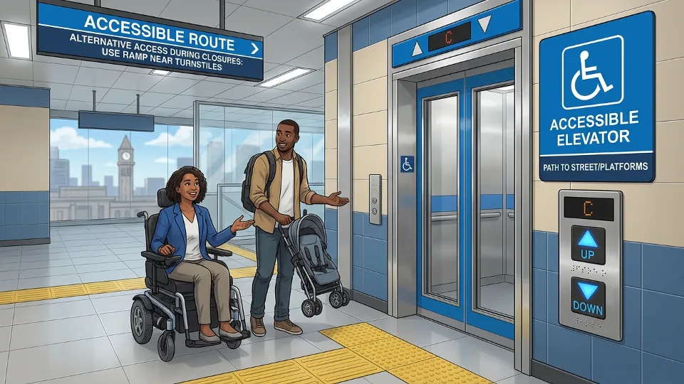 PATH station elevator entrance with ADA accessibility signage and wayfinding information for riders with mobility needs. Alt text: PATH station accessible elevator entrance ADA compliance New Jersey. Composition: Close-up of elevator entrance showing clear accessibility signage, call button, and directional information for riders needing alternative access during concourse closures.