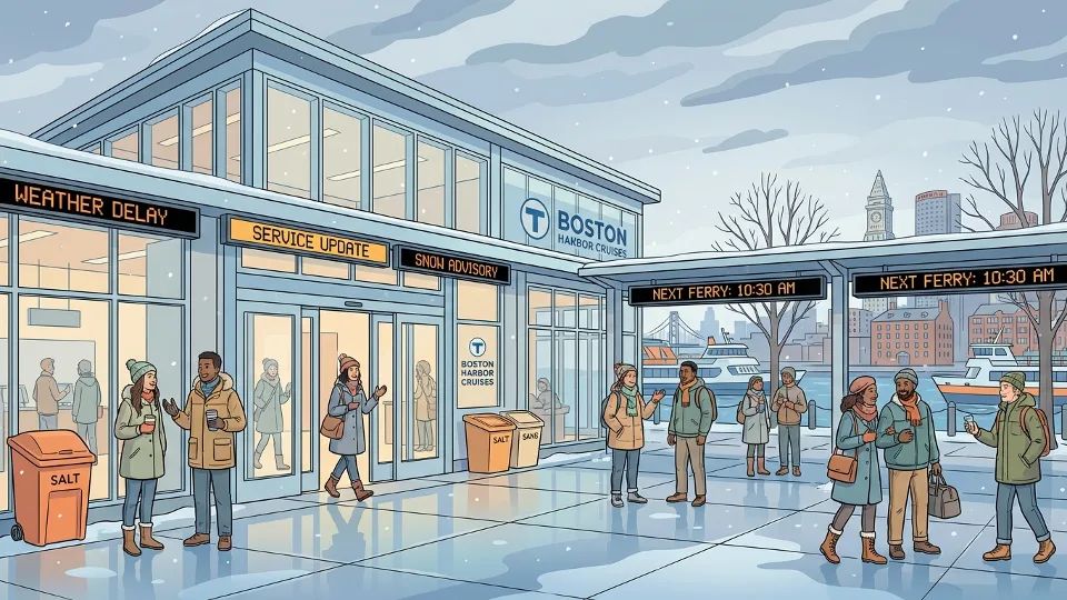 Ferry terminal entrance with service alert signage and winter weather approaching