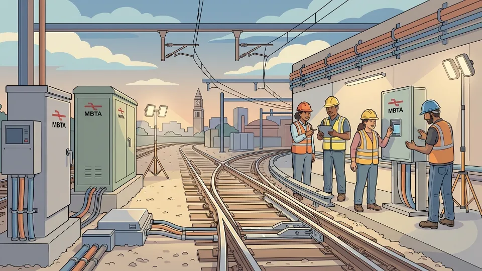 MBTA Red Line signal equipment and track infrastructure at junction. Alt text: Red Line signal system Columbia Junction Boston MBTA modernization. Composition: Close-up of signal hardware and track switches showing technical infrastructure being upgraded during evening work.