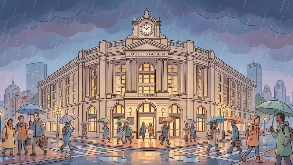 South Station exterior during stormy evening weather with commuters entering main terminal