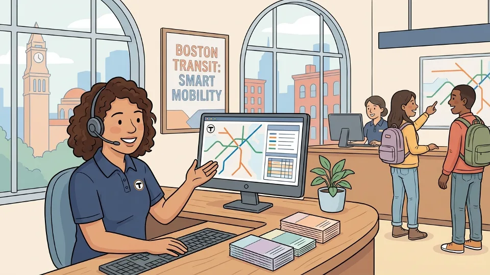 Transit information center staff member using computer and phone to assist passengers with travel planning