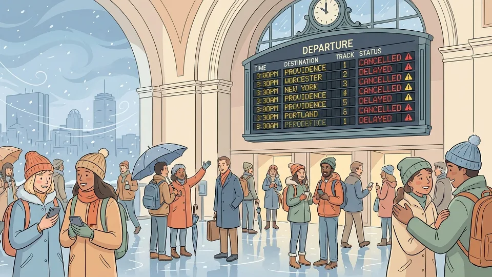 South Station departure board showing train cancellations and delays during storm conditions