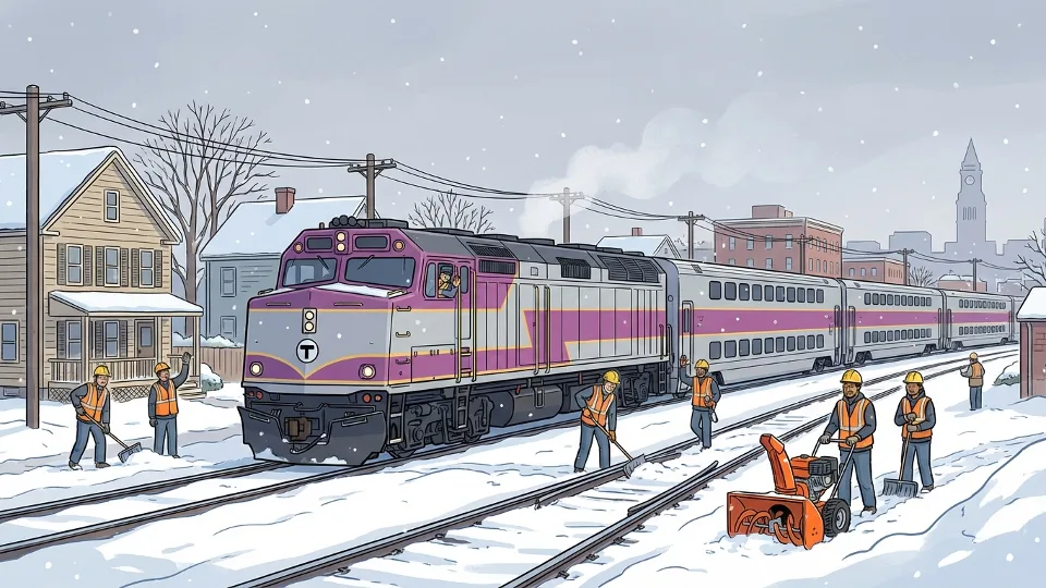 MBTA commuter rail train on snow-covered tracks in suburban Boston, maintenance crews visible working on track clearing, winter weather conditions, professional transit documentation