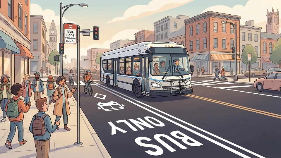 Dedicated bus lane with clear pavement markings in urban setting
