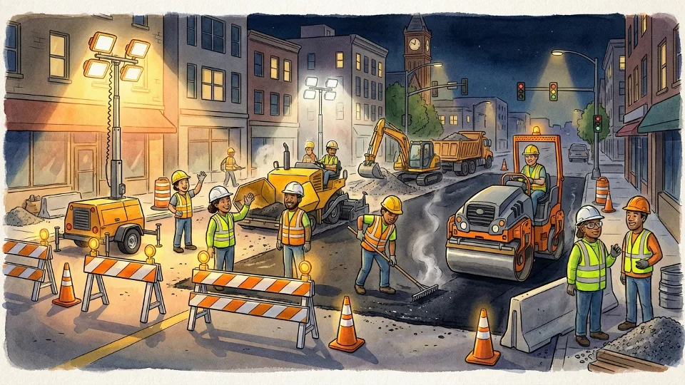 Road work crew with equipment on closed urban street section at night