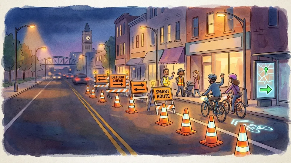 Nighttime road closure with traffic cones and detour signs on urban street in Waterloo