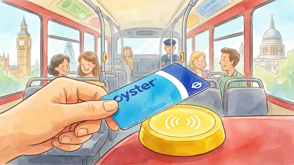 Close-up of Oyster card being held near yellow card reader on London bus