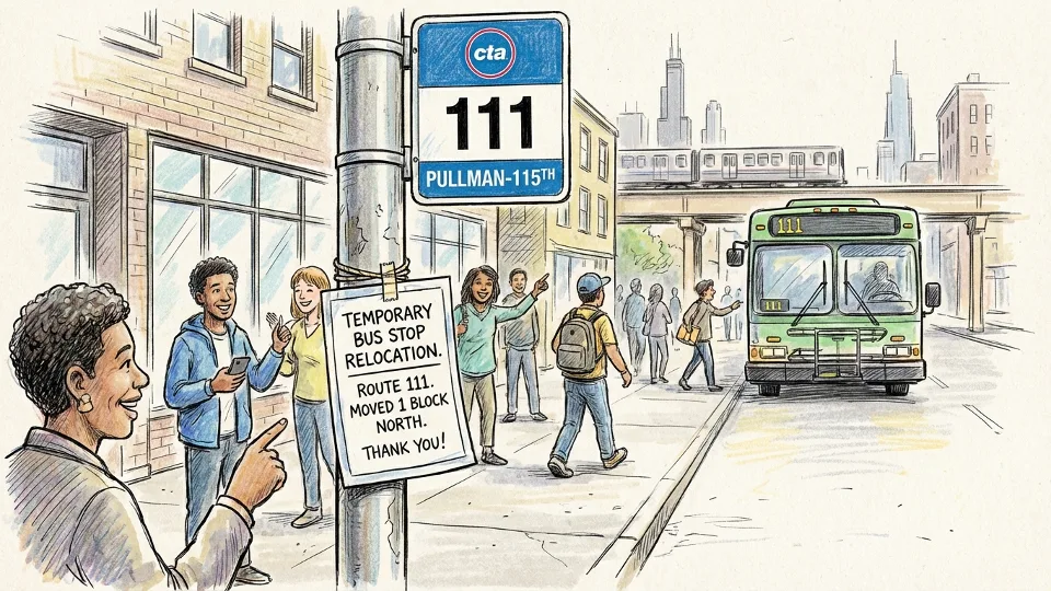 CTA route 111 bus stop sign with temporary relocation notice posted