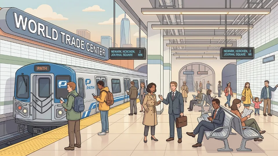 PATH train at World Trade Center station platform with commuters waiting