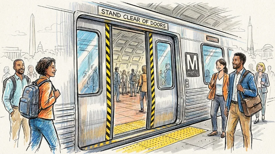 Close-up view of metro train car doors and door mechanisms at station