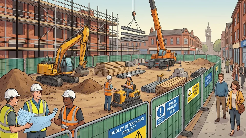 Construction site with workers and equipment at former bus station location in Dudley town center