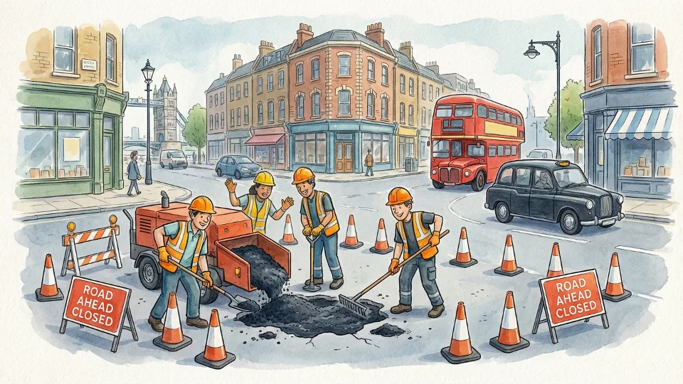 Road maintenance crew repairing pothole on London street, Workers filling road defect with asphalt at urban junction, Wide angle showing repair equipment and traffic cones around work area