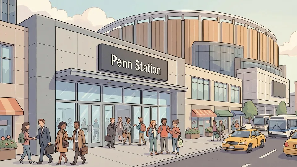 Penn Station New York exterior with commuters entering main entrance