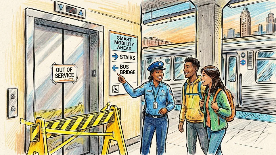 Close-up of out-of-service elevator at CTA station with yellow caution barriers and signage directing passengers to alternative accessible routes