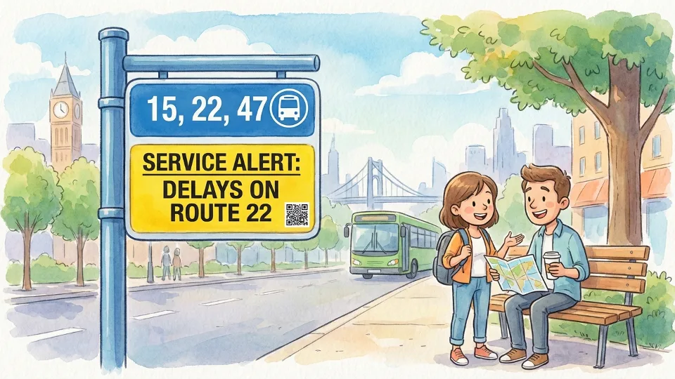 Bus stop sign showing route numbers with service alert notice