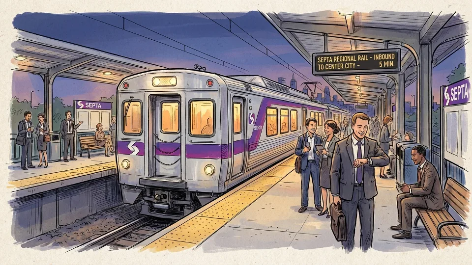 SEPTA regional rail train at suburban Philadelphia station platform during evening commute with passengers waiting