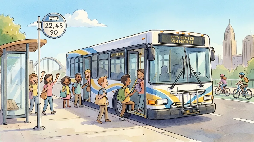 Transit bus at regular stop with passengers boarding during daytime