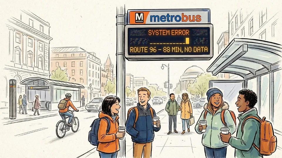 Digital bus arrival display screen showing error or inconsistent information at a transit stop