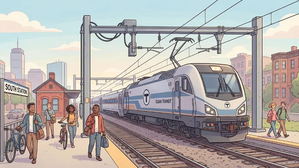 Modern battery-electric locomotive on commuter rail tracks with overhead charging infrastructure