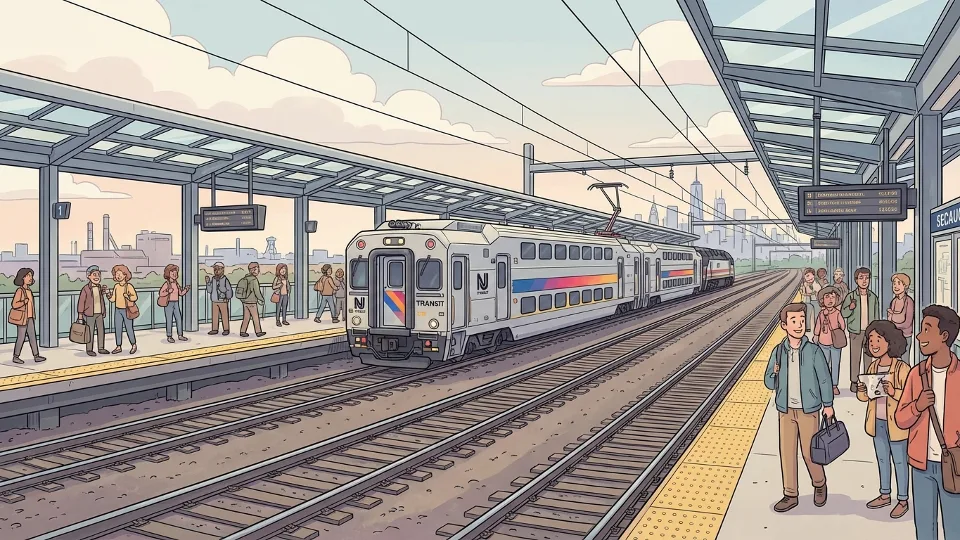 NJ Transit train at Secaucus Junction station platform with multiple track lines visible