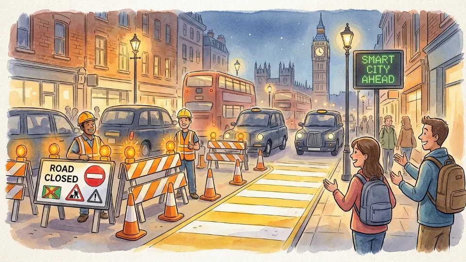 Road construction barriers and warning signs on urban street at night with orange safety lights and closed lane markings