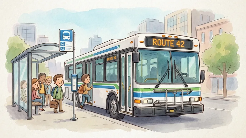 Transit bus at designated bus stop with route number display