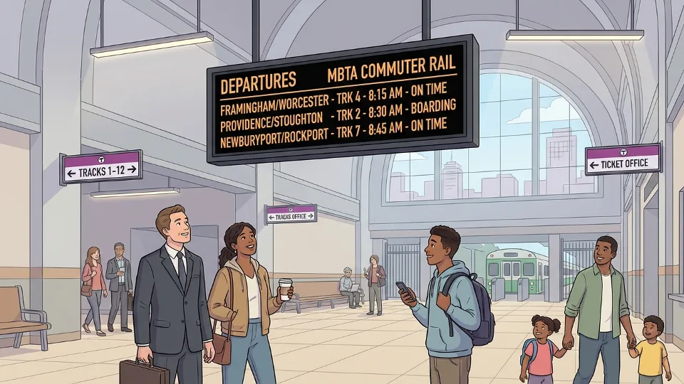 Commuter rail passengers checking departure board at MBTA station