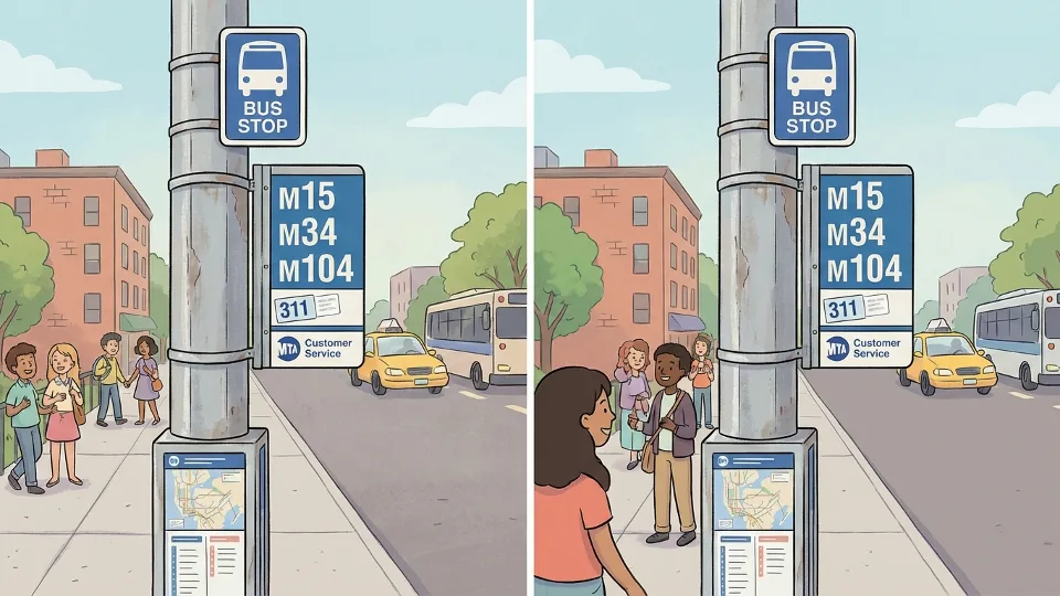 Close-up of bus stop pole and posted route information with maintenance contact details visible