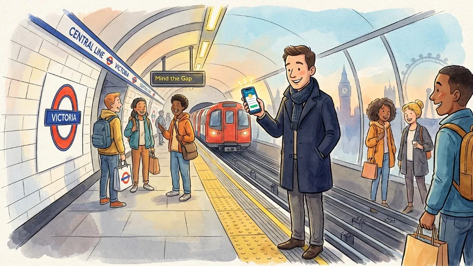 London transit passenger checking mobile phone banking app while standing at train platform