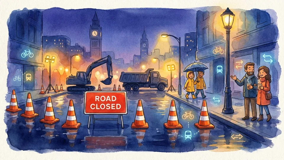 Road closed sign and traffic cones blocking street at night with construction equipment in background