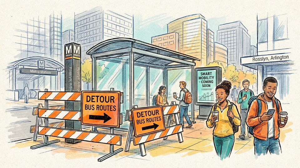 Bus detour sign and construction barriers at Rosslyn transit stop