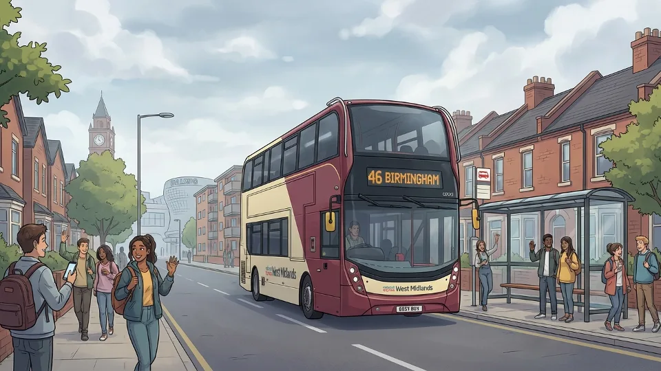 National Express West Midlands bus traveling on urban street in Birmingham with residential buildings visible in background