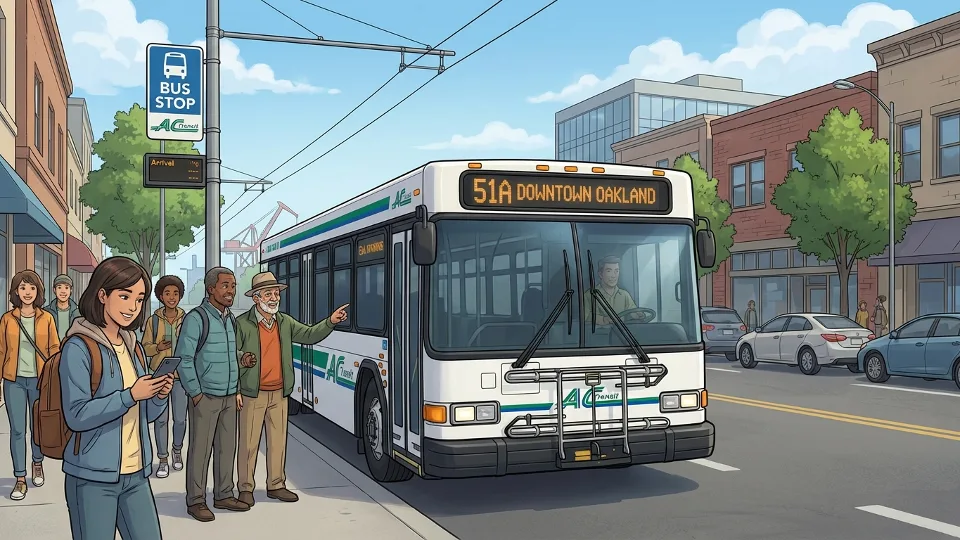 Oakland transit bus approaching stop with passengers waiting on sidewalk
