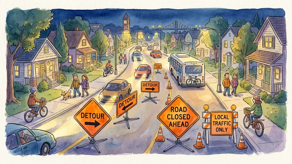 Detour route signs directing traffic around closed road in residential area at night