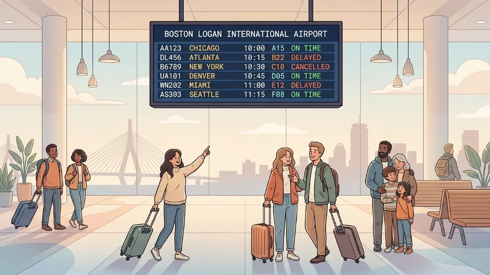 Airport departure board showing cancelled and delayed flight status information at Logan Airport terminal