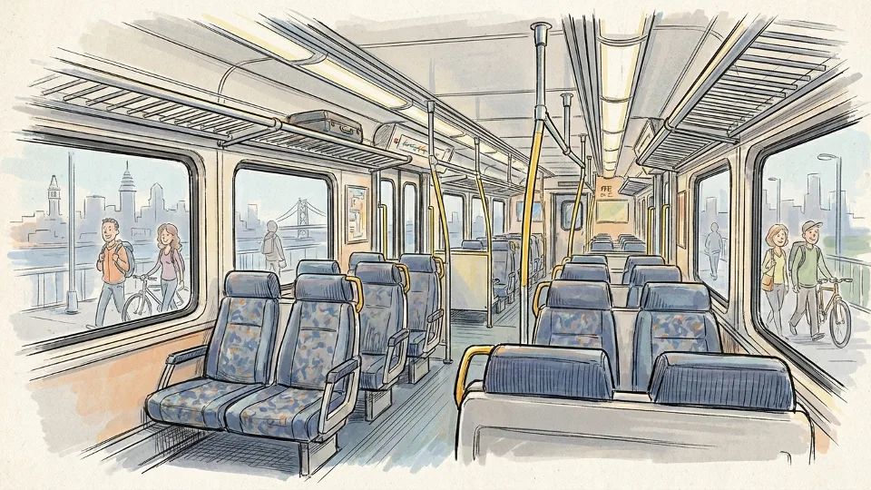 Interior view of SEPTA regional rail train car with empty seats and overhead luggage racks during off-peak hours