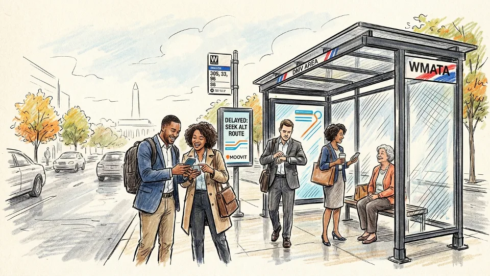Empty bus stop with waiting commuters checking phones during service delay