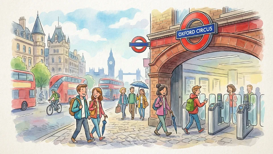 London Underground station entrance with TfL roundel logo and passengers entering transit system