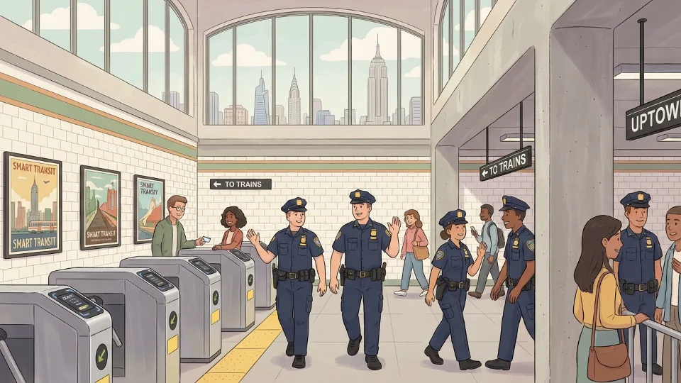 NYPD police officers patrolling New York City subway station interior with fare gates visible