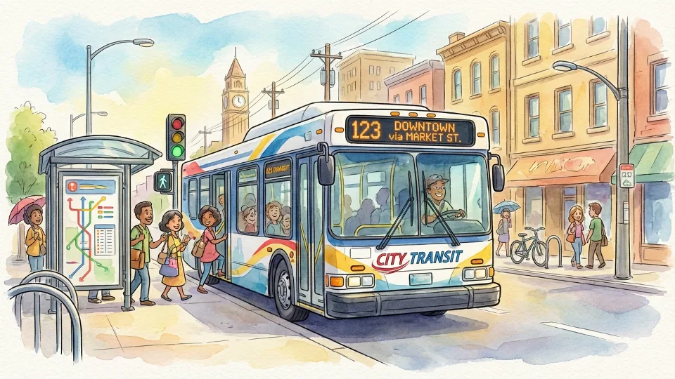 Transit bus at street corner with route signage visible, showing urban bus service environment