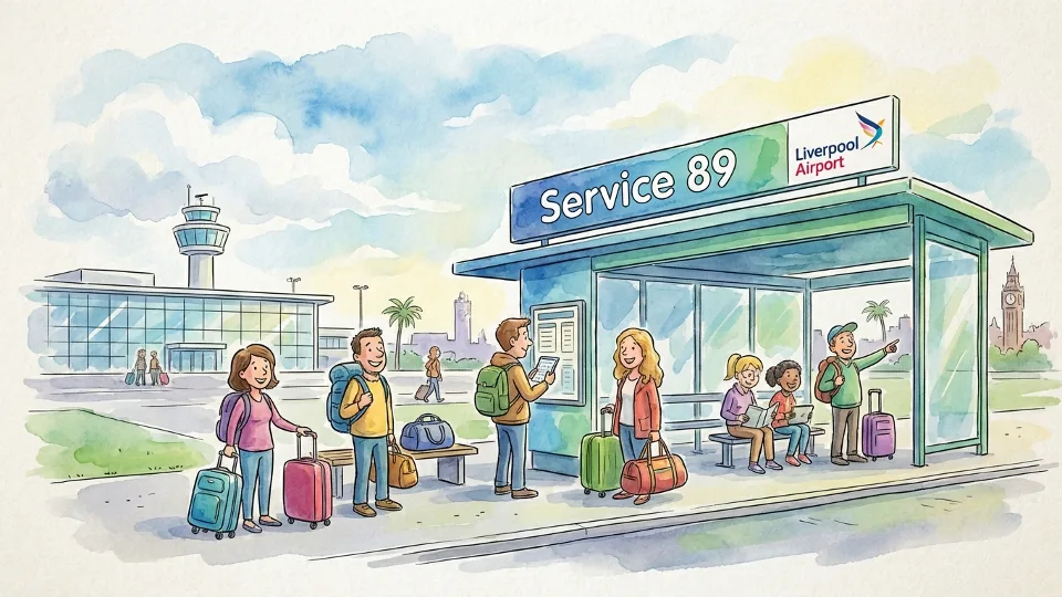 Liverpool Airport bus stop with Service 89 signage, showing passengers waiting with luggage during daytime