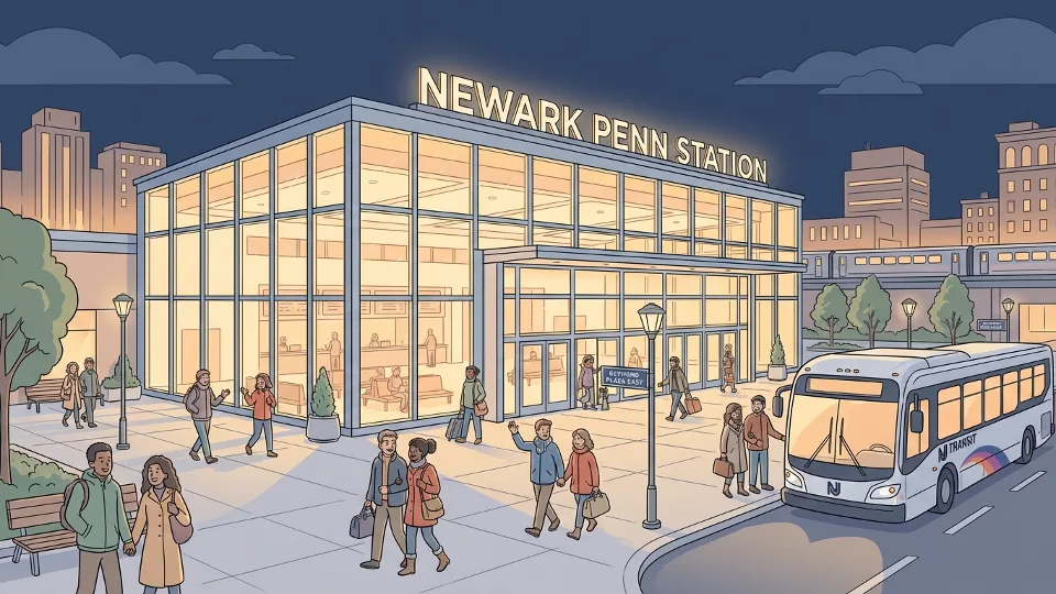 Raymond Plaza East entrance to Newark Penn Station at night